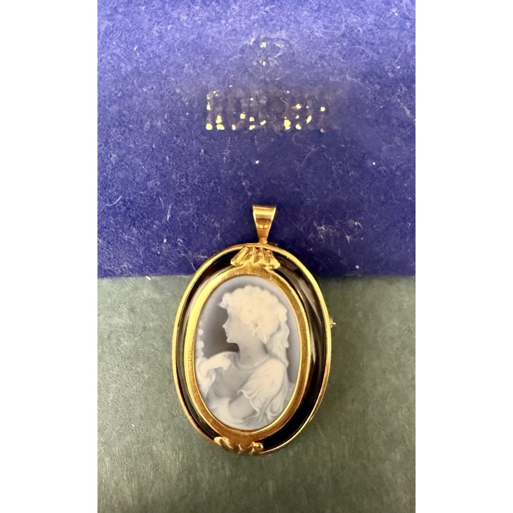 VTG Classic Roberta Gioielli 18k Yellow Gold Blue Agate Cameo Pin Pendant